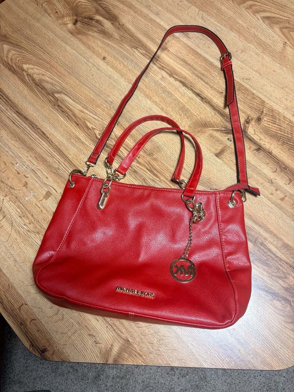 Michael Kors Red Leather Hobo Shoulder Tote Hand Bag Purse MK Logo Chain
